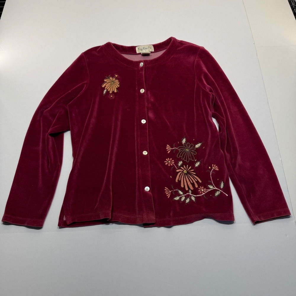 Key Lime Pie Women Burgundy Velour Floral Embroidered Cardigan Sweater Size S